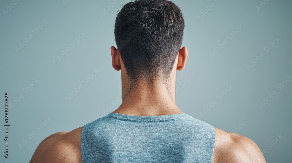 Exercise fitness transformation concept. A man with a muscular build is seen from the back, wearing a sleeveless shirt, against a plain background, emphasizing fitness and strength. Exercise fitness transformation concept. A man with a muscular build is seen from the back, wearing a sleeveless shirt, against a plain background, emphasizing fitness and strength.