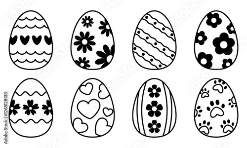 Black outline Easter Eggs with decorative patterns, hearts, flowers, animal feet and wavy lines. Easter egg colouring set. Editable Stroke. Fun Holiday Activity for Kids photo