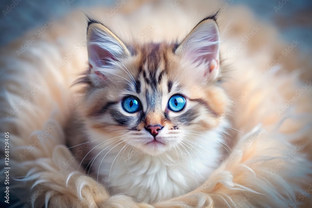 Fototapeta premium Adorable Blue-Eyed Kitten Aerial Portrait: Fluffy Persian Cat Soaring Above