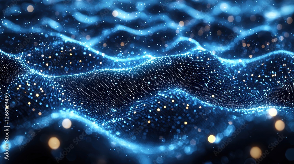 Abstract representation of waves with glowing particles and light effects.