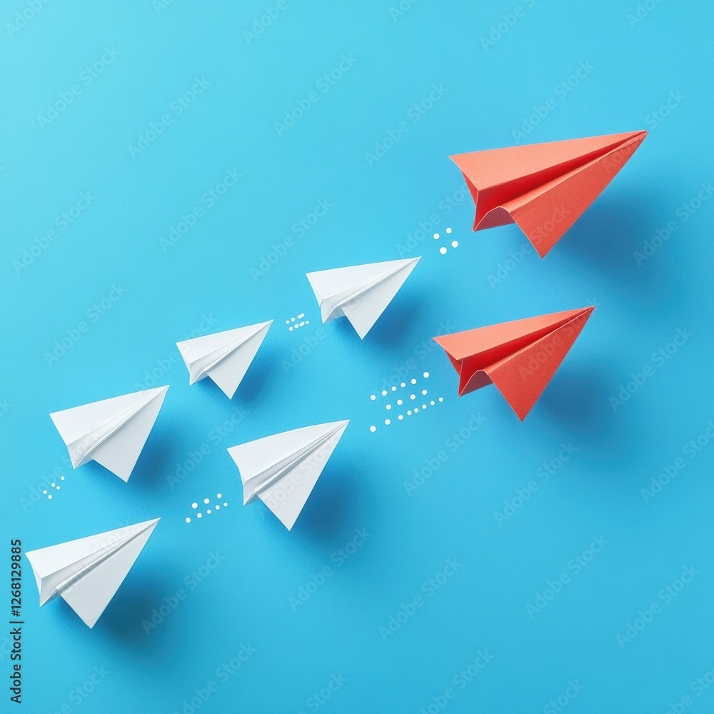Group of paper planes flying in one direction with one red plane pointing in a different way highlighting creativity and innovation. Generative AI Group of paper planes flying in one direction with one red plane pointing in a different way highlighting creativity and innovation. Generative AI