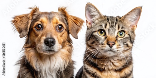 Adorable Dog and Cat Friends: Candid Row of Best Pals Isolated on White