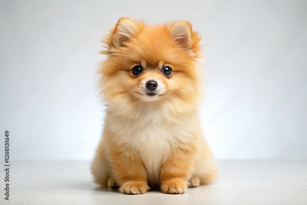 Adorable Golden Pomeranian Puppy Calmly Posing for Camera - White Background Stock Photo Adorable Golden Pomeranian Puppy Calmly Posing for Camera - White Background Stock Photo