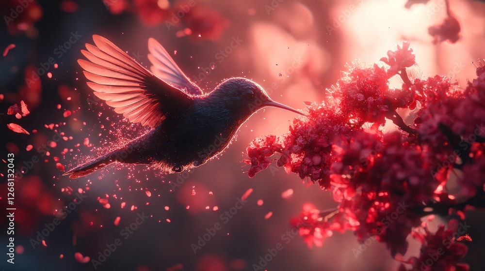 Fototapeta premium A tiny hummingbird hovering near a red flower, high-speed capture