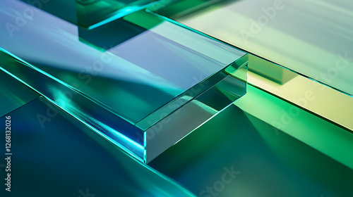 Transparent glass blocks with green and blue reflections. Abstract material design and geometric background