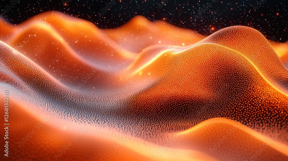 Obraz premium Abstract wavy landscape with glowing orange hues and a starry background.