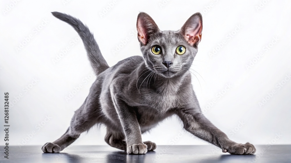 Adorable Korat Kitten in Yoga Pose, Sideways Stretch, Isolated Cutout Adorable Korat Kitten in Yoga Pose, Sideways Stretch, Isolated Cutout