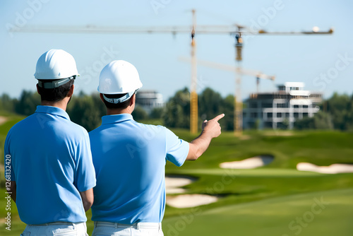 Construction Project Overview: Two architects or engineers in hard hats discuss a building project under construction, viewed from behind.