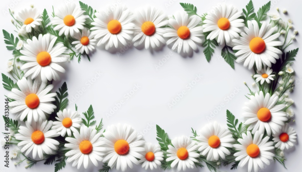 Obraz premium Blumiger Rahmen aus weißen Gänseblümchen mit grünen Blättern auf weißem Hintergrund, ideal für Grußkarten oder Frühlingsdesigns mit viel Platz für Text. Generative KI
