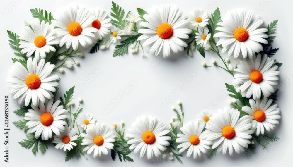 Obraz premium Blumiger Rahmen aus weißen Gänseblümchen mit grünen Blättern auf weißem Hintergrund, ideal für Grußkarten oder Frühlingsdesigns mit viel Platz für Text. Generative KI