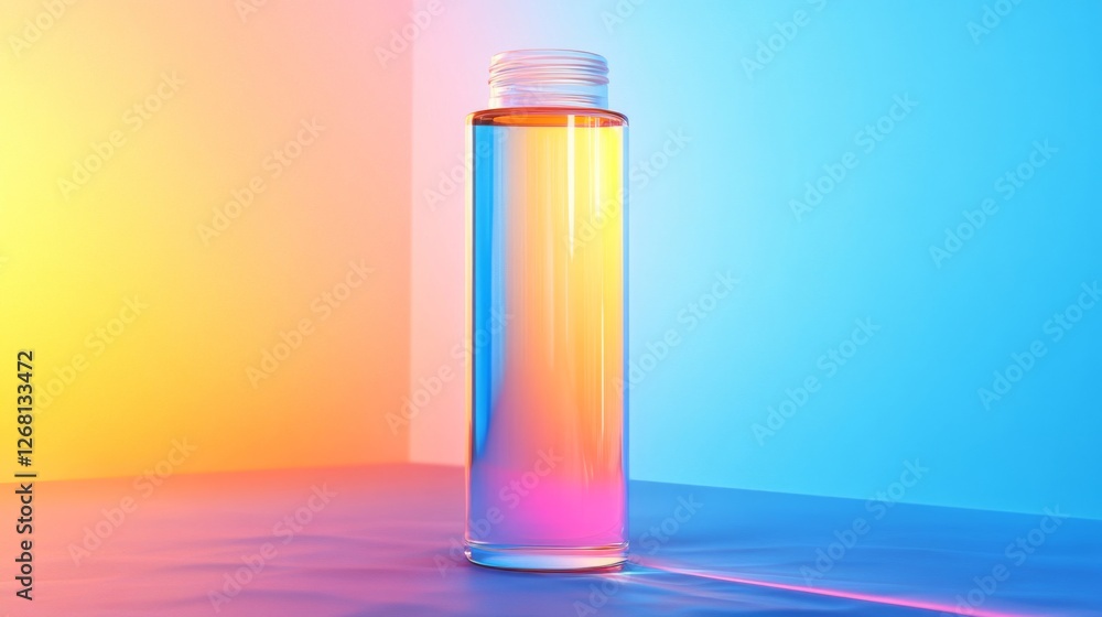 Tall Glass Bottle With Multicolored Gradient Liquid Against Split Backdrop Tall Glass Bottle With Multicolored Gradient Liquid Against Split Backdrop