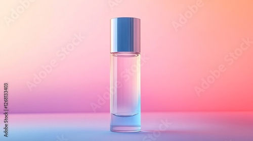 Clear Glass Cosmetic Roller Bottle on Pink and Purple Gradient Background