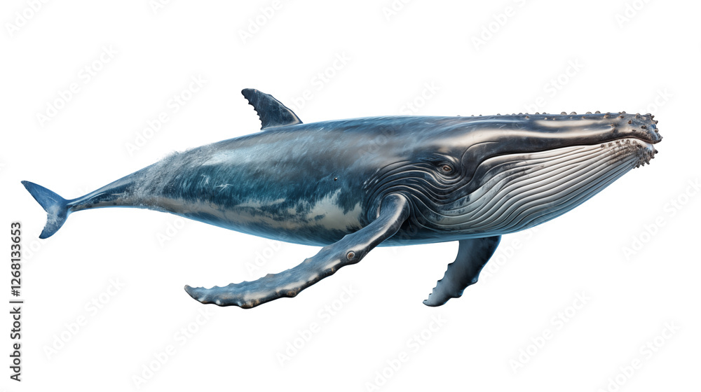 Fototapeta premium Majestic Humpback Whale Underwater Ocean Dive, 3D Wildlife Scene with Blue and Gray Tones, isolated on transparent background.
