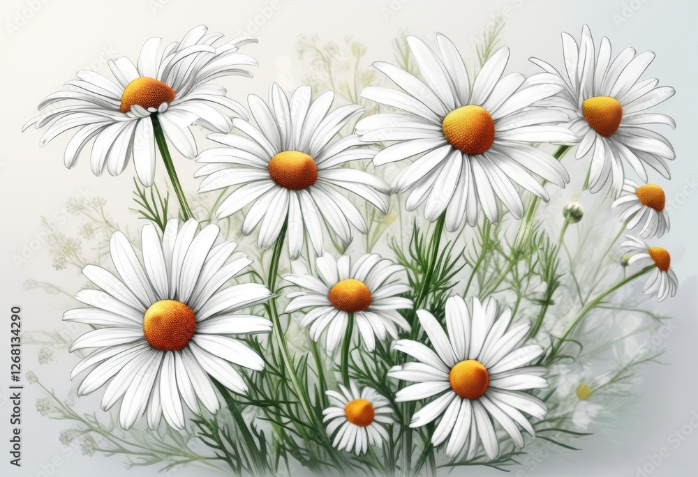 Fototapeta premium Schöne Illustration von weißen Gänseblümchen mit leuchtend gelben Blütenmitten und sattem grünen Laub, perfekt als frisches Frühlingsmotiv. Generative KI