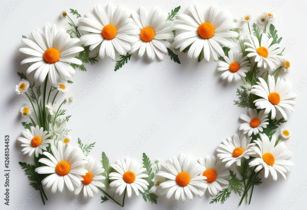 Obraz premium Blumiger Rahmen aus weißen Gänseblümchen mit grünen Blättern auf weißem Hintergrund, ideal für Grußkarten oder Frühlingsdesigns mit viel Platz für Text. Generative KI