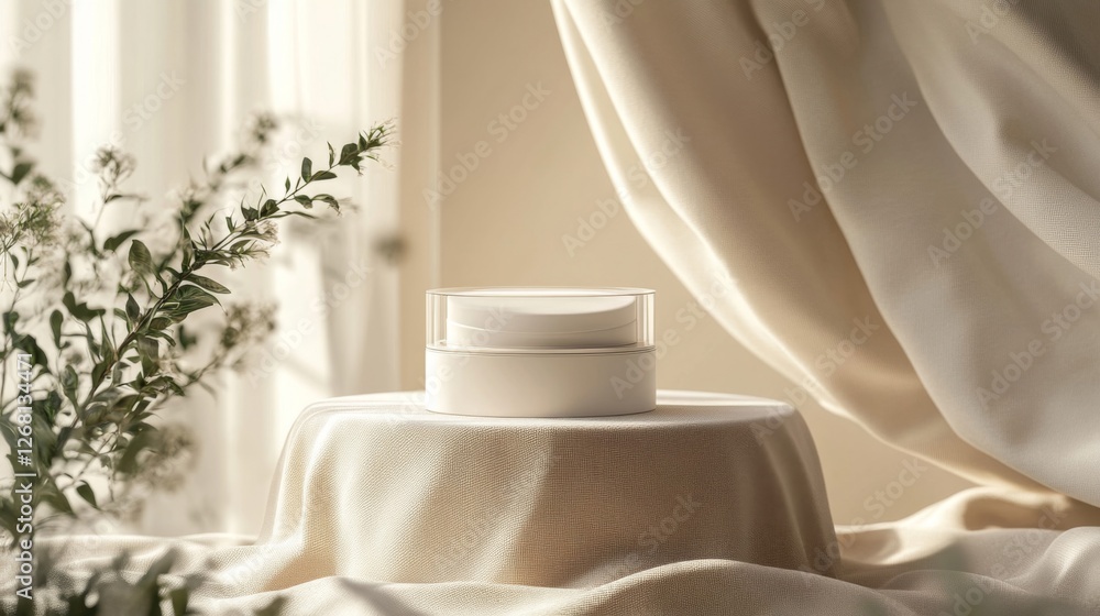 White Cosmetic Cream Jar on Beige Table With White Cloth and Sunlight Indoor White Cosmetic Cream Jar on Beige Table With White Cloth and Sunlight Indoor