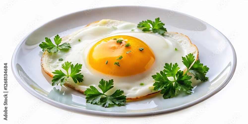 Aerial Close-up of Fried Egg with Sunny Yolk and Parsley on White Plate - Drone Photography Aerial Close-up of Fried Egg with Sunny Yolk and Parsley on White Plate - Drone Photography