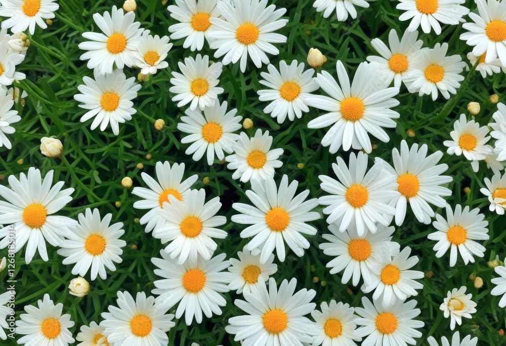 Wunderschönes Feld voller weißer Gänseblümchen mit leuchtend gelben Blütenmitten auf kräftig grünem Hintergrund, ideal als frisches Frühlingsmotiv. Generative KI Wunderschönes Feld voller weißer Gänseblümchen mit leuchtend gelben Blütenmitten auf kräftig grünem Hintergrund, ideal als frisches Frühlingsmotiv. Generative KI