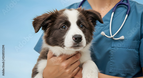Veterinary Technician Holding a Puppy for Examination - A close-up view of a caring veterinary technician holding a fluffy, adorable Border Collie puppy.