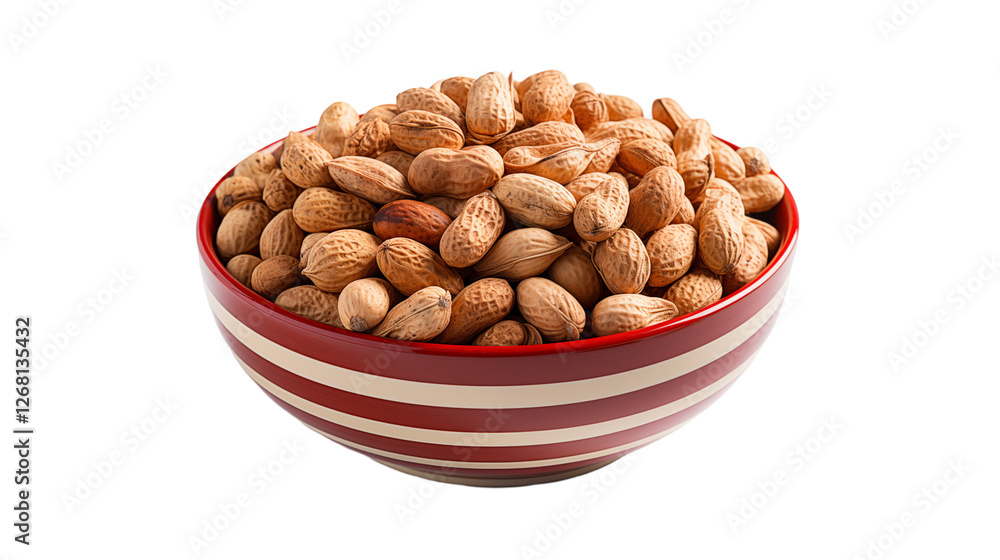Roasted Peanuts Delicious Snack in Red Striped Bowl, Healthy Eating for Energy, isolated on transparent background. Roasted Peanuts Delicious Snack in Red Striped Bowl, Healthy Eating for Energy, isolated on transparent background.