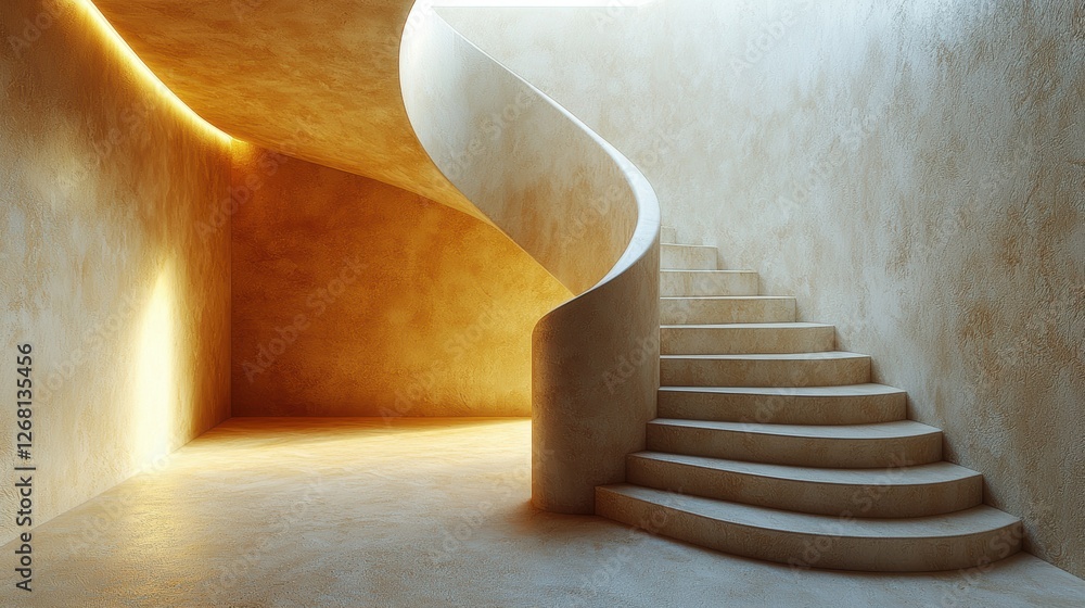 Naklejka premium A modern, illuminated spiral staircase in a minimalist interior space.