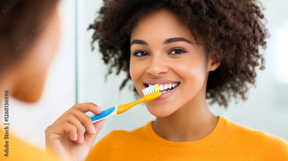 A young woman diligently brushes her teeth in the morning, massaging her gums with care as she looks into the bathroom mirror. Her attention to detail ensures a perfect start to th A young woman diligently brushes her teeth in the morning, massaging her gums with care as she looks into the bathroom mirror. Her attention to detail ensures a perfect start to th