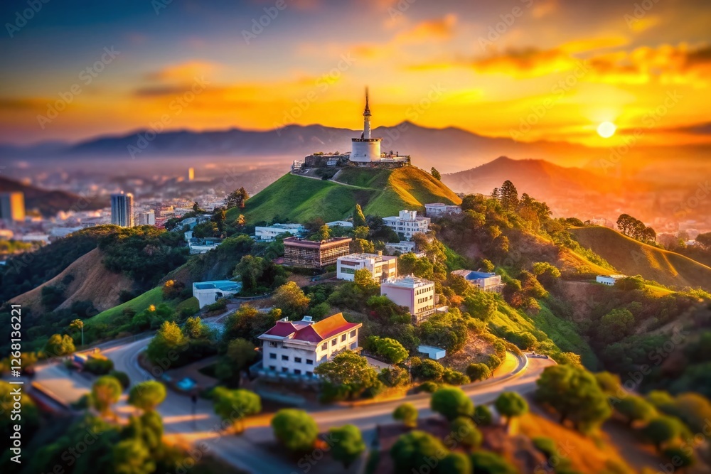 Fototapeta premium Aerial Tilt-Shift Sunrise: Hollywood Hills & Taekwondo Symbol