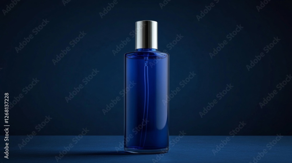 Elegant Blue Perfume Bottle with Silver Cap on Dark Blue Background in Studio Elegant Blue Perfume Bottle with Silver Cap on Dark Blue Background in Studio