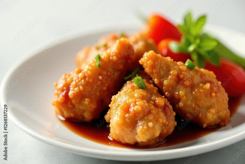 Golden-fried chicken, glazed with sweet & sour sauce, vibrant bell peppers , bright, texture, vibrant Golden-fried chicken, glazed with sweet & sour sauce, vibrant bell peppers , bright, texture, vibrant