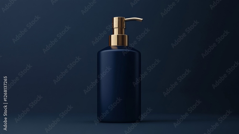 Obraz premium Dark Blue Soap Dispenser with Gold Pump on a Gradient Background in Studio Setting