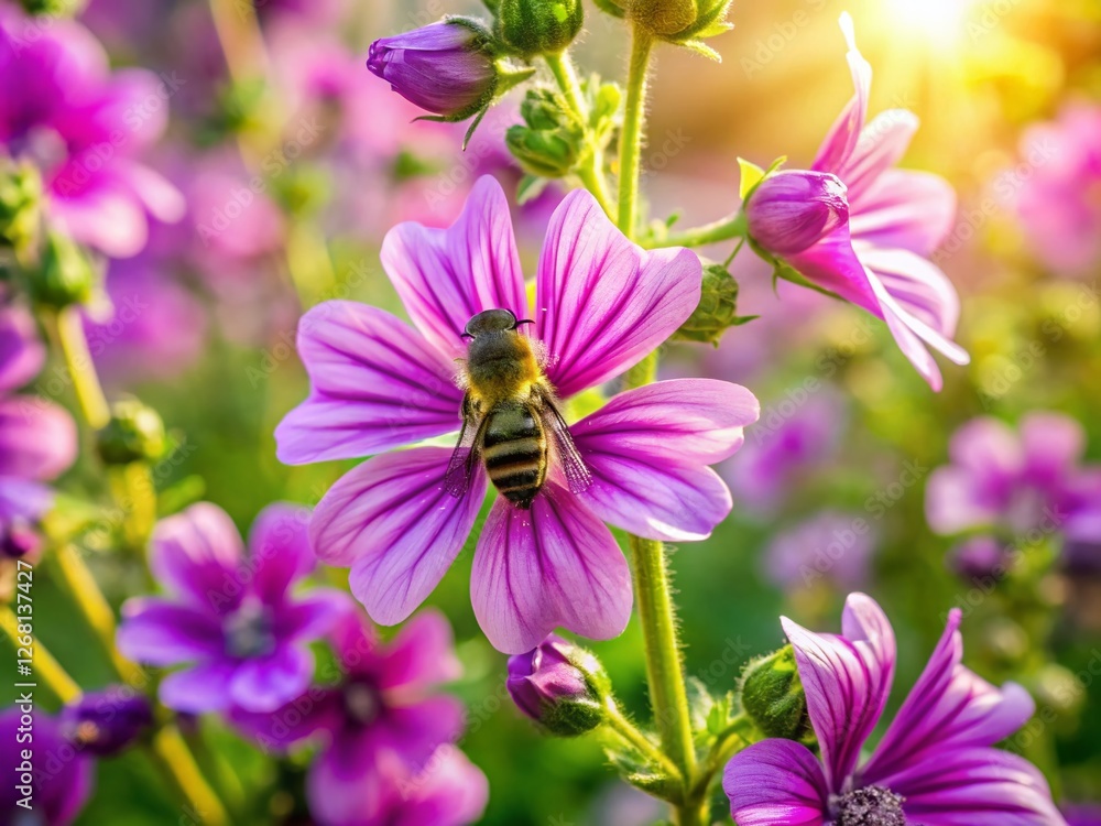 Aerial View: Honey Bee on Common Mallow Flowers, Summer Bloom Aerial View: Honey Bee on Common Mallow Flowers, Summer Bloom