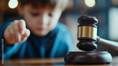 Gavel in Foreground with Blurred Child for Custody Matters: A focused courtroom scene where a judge's gavel is sharply in focus while a child's image remains softly blurred in the photo