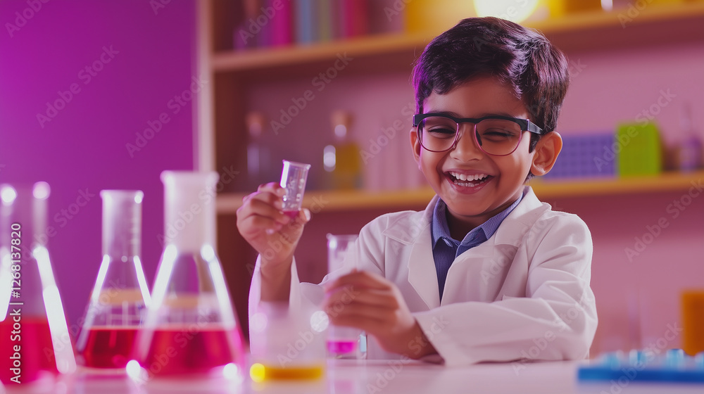 Indian Child Scientist Experimenting: A joyful Indian child engages in a hands-on science experiment with beakers and colorful chemicals creating a dynamic reaction in the backgrou Indian Child Scientist Experimenting: A joyful Indian child engages in a hands-on science experiment with beakers and colorful chemicals creating a dynamic reaction in the backgrou