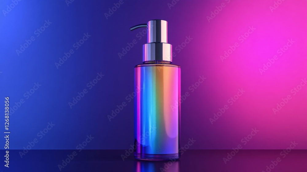 Rainbow Iridescent Liquid Soap Dispenser Chrome Pump on Gradient Background Rainbow Iridescent Liquid Soap Dispenser Chrome Pump on Gradient Background
