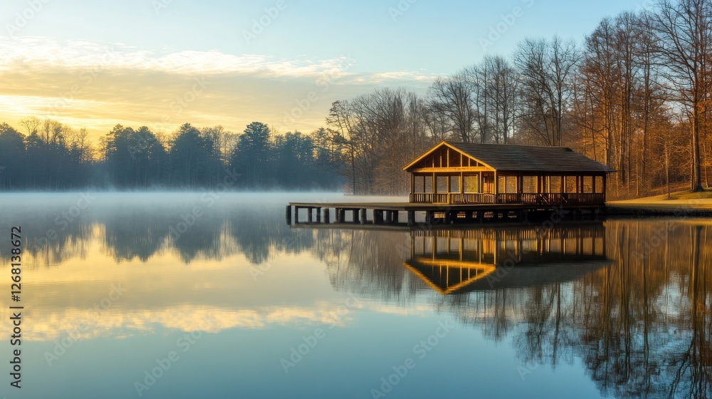 Lakeside Gazebo at Sunrise Over Foggy Waters Lakeside Gazebo at Sunrise Over Foggy Waters