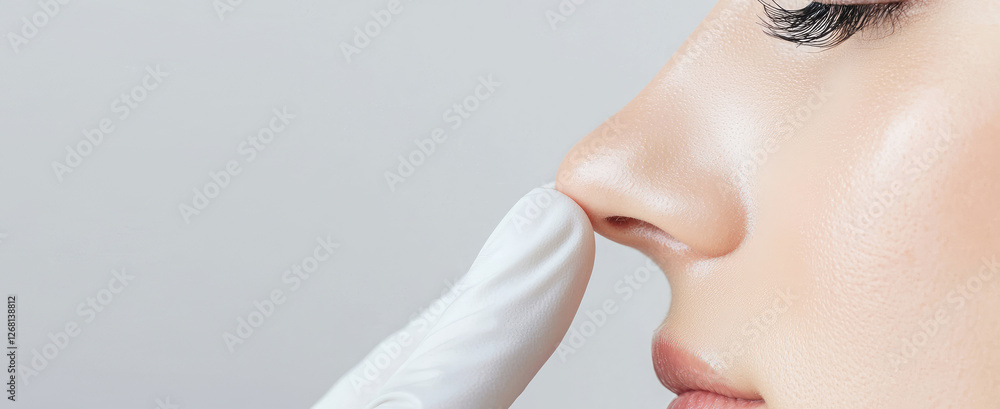 custom made wallpaper toronto digitalRhinoplasty, surgeon gloved hands touch patient nose. Plastic surgery and beauty concept, cosmetologist touching female face. 