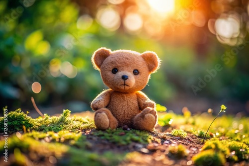 Aerial View of Cute Teddy Bear Figurine Sitting Outdoors