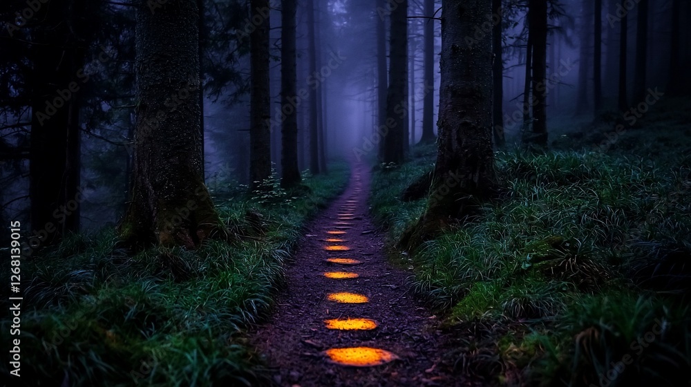 Fototapeta premium Mystical forest path at night with glowing stones.