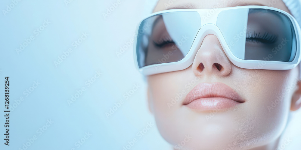 Young beautiful woman wearing protective plastic goggles to protect her eyes during laser cosmetic procedures, laser hair removal and facial resurfacing