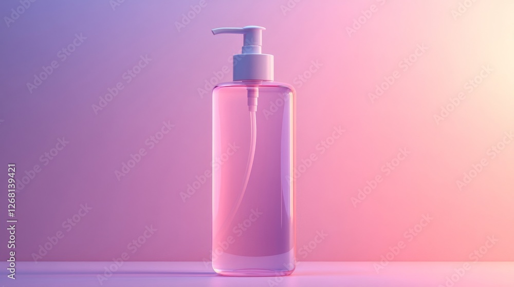 Pink Liquid Soap Dispenser in Plastic Bottle on Pink Gradient Background Pink Liquid Soap Dispenser in Plastic Bottle on Pink Gradient Background