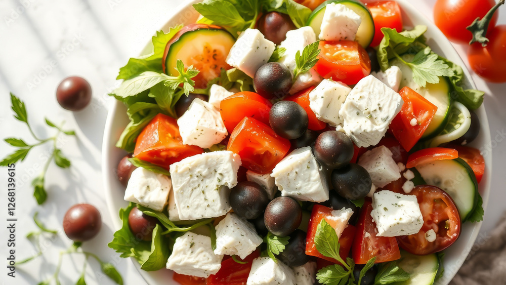 Fresh Greek salad with feta cheese, tomatoes, cucumbers, and olives in a white bowl, top view Fresh Greek salad with feta cheese, tomatoes, cucumbers, and olives in a white bowl, top view