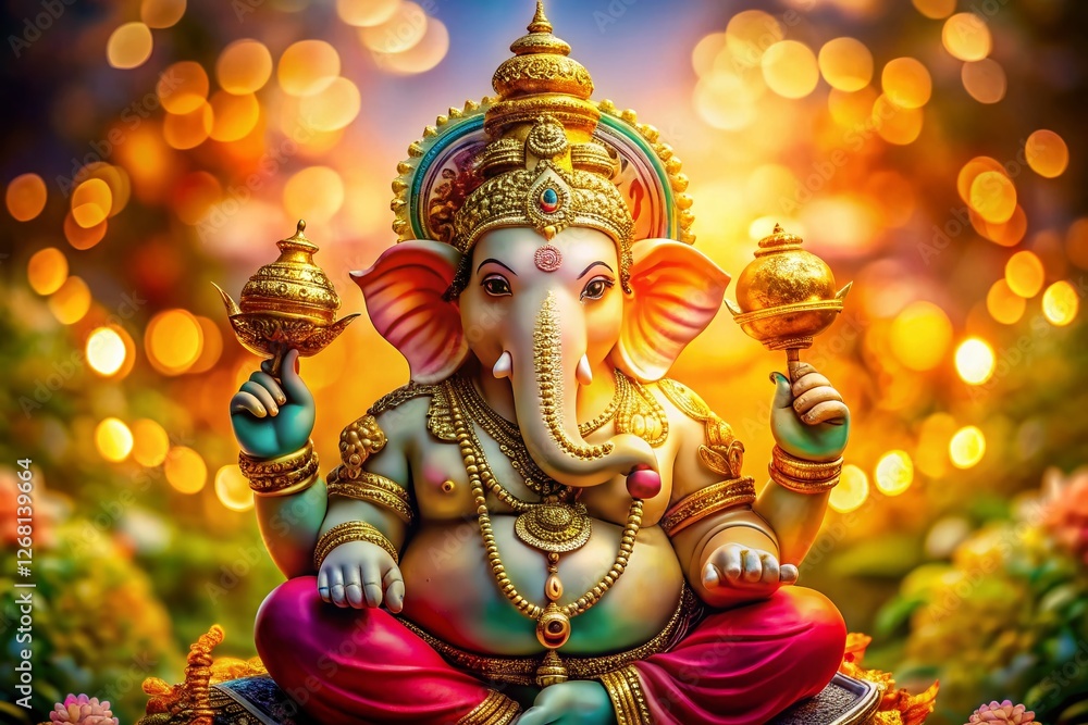 Fototapeta premium Aerial View of Ganesha: Seated God, Jewels, Modak, Wisdom, Prosperity