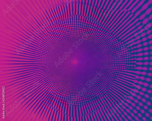 Abstract design featuring dynamic purple and pink radial lines and dots converging at the center, creating a sense of energy and movement, symbolizing creativity and digital art. photo