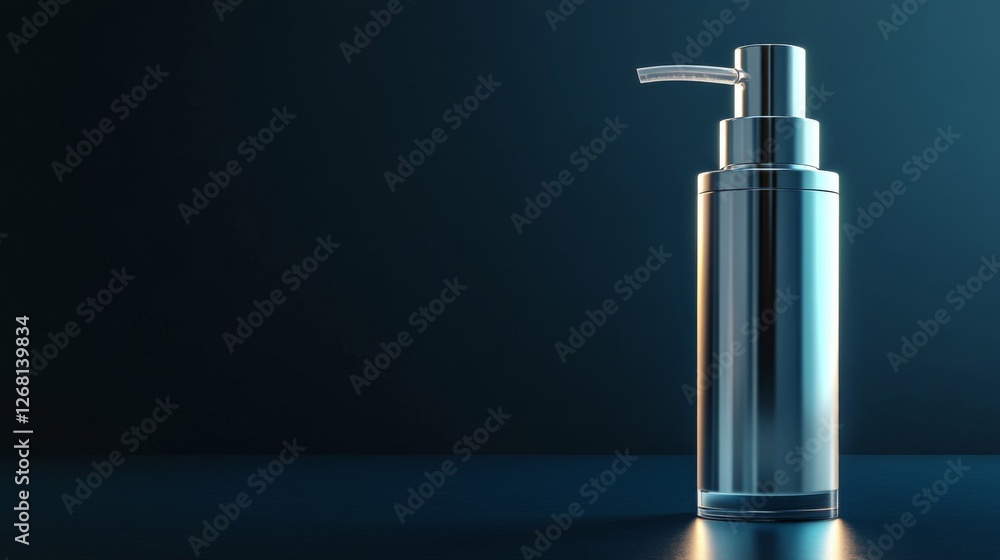 Elegant Clear Glass Bottle with Dispenser on a Dark Glossy Surface Product Shot Elegant Clear Glass Bottle with Dispenser on a Dark Glossy Surface Product Shot
