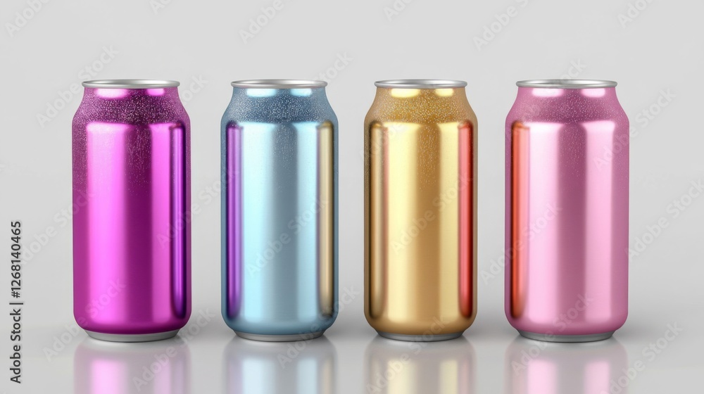 Four Colorful Aluminum Cans with Water Droplets on a White Background Four Colorful Aluminum Cans with Water Droplets on a White Background