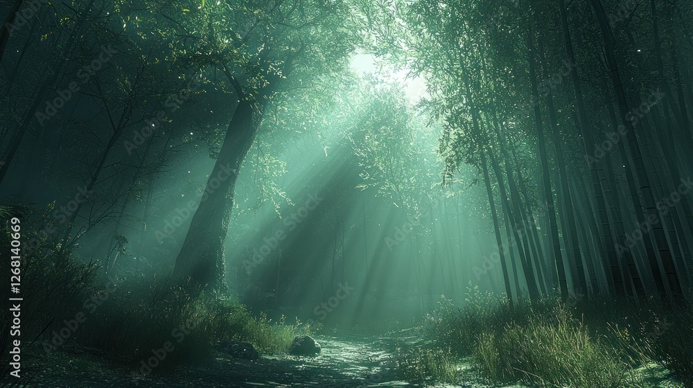 Sunbeams Illuminate Mystical Bamboo Forest Path Sunbeams Illuminate Mystical Bamboo Forest Path