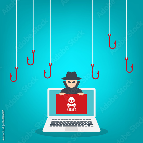 Hacker attack. Hackers and cybercriminals phishing, identity theft, user login, password, documents, email and credit card. Hacking and web security. Internet phishing concept. photo