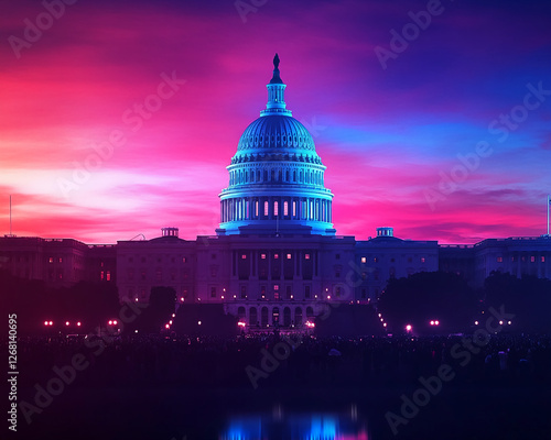 The U.S. Capitol building at sunset with dramatic lighting and a large crowd gathered in front, representing political power, public engagement, and democracy.