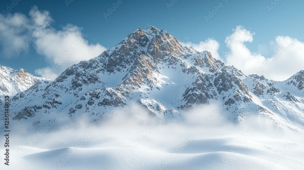 Obraz premium Snow-covered mountain landscape under a clear blue sky with clouds.