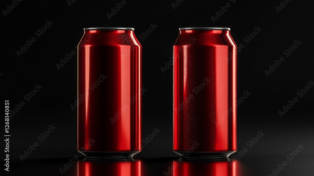 Two Shiny Red Aluminum Soda Cans with Condensation on a Dark Reflective Surface Two Shiny Red Aluminum Soda Cans with Condensation on a Dark Reflective Surface